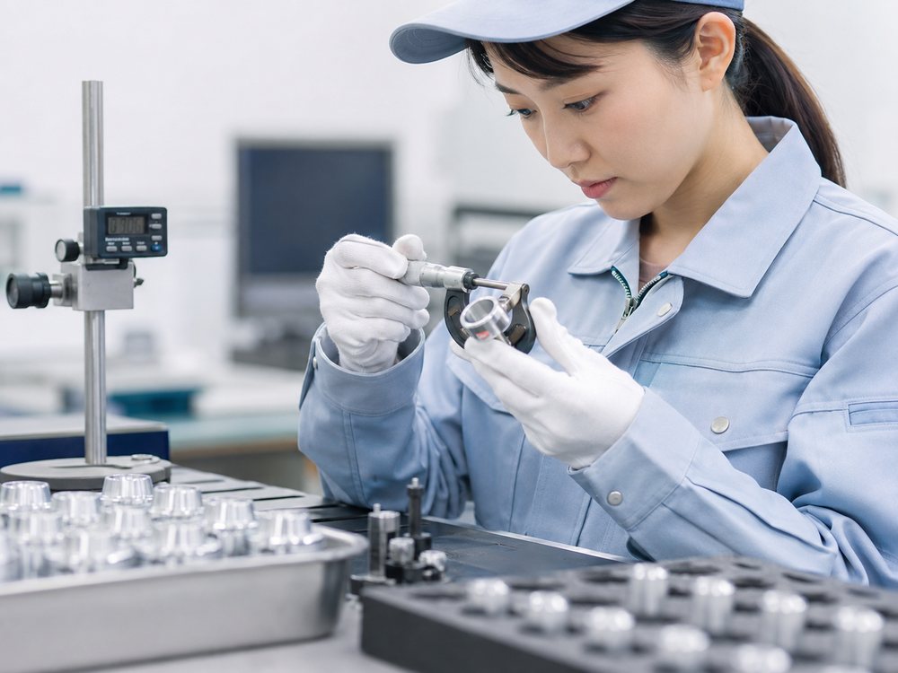 工場で製品の寸法を測定する様子