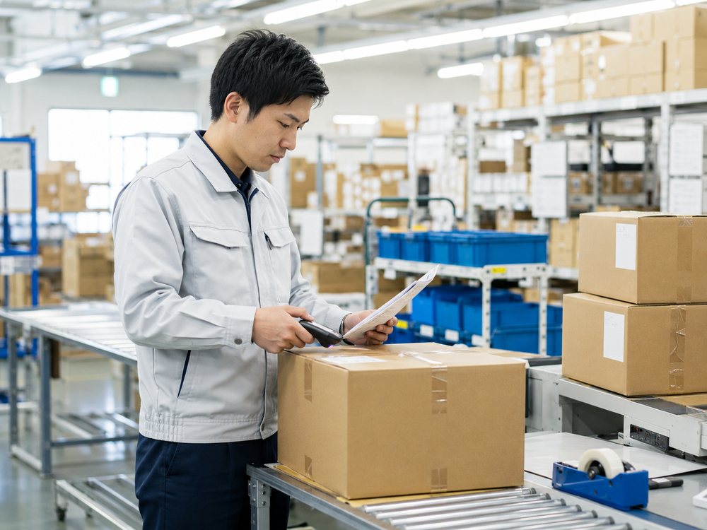 出荷前に伝票と品物を確認する様子