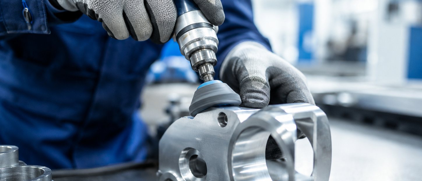 工場内で金属部品の仕上げ作業を行う様子