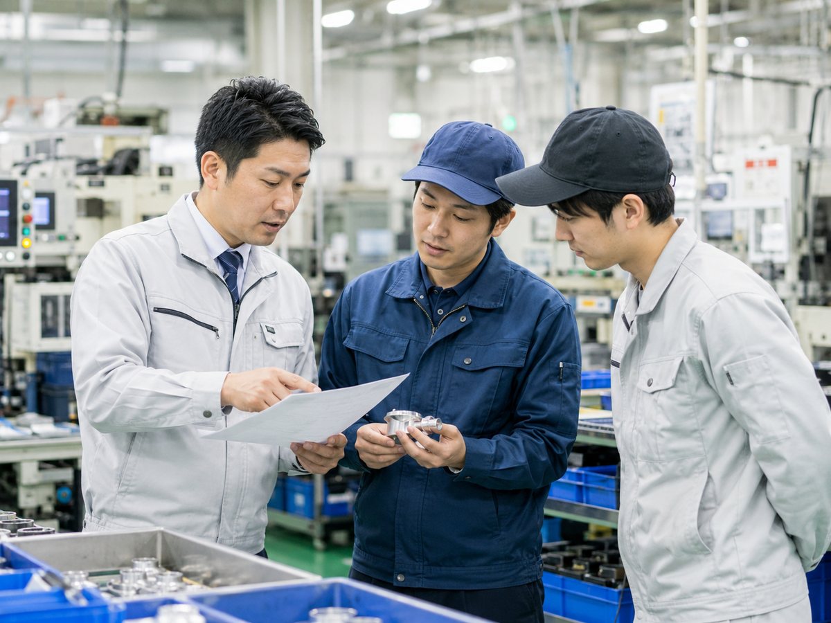 図面を見ながら作業内容を確認する現場の打ち合わせ