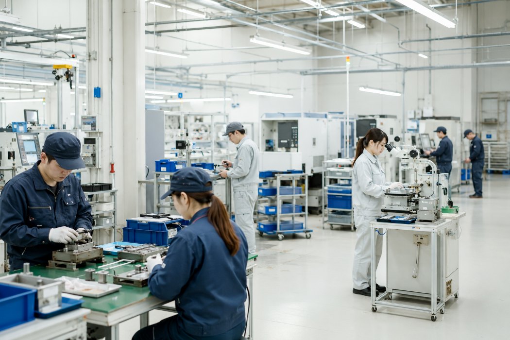 工場のラインで作業を進めるスタッフ