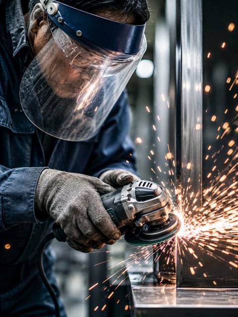 グラインダーで金属部品を研磨する作業
