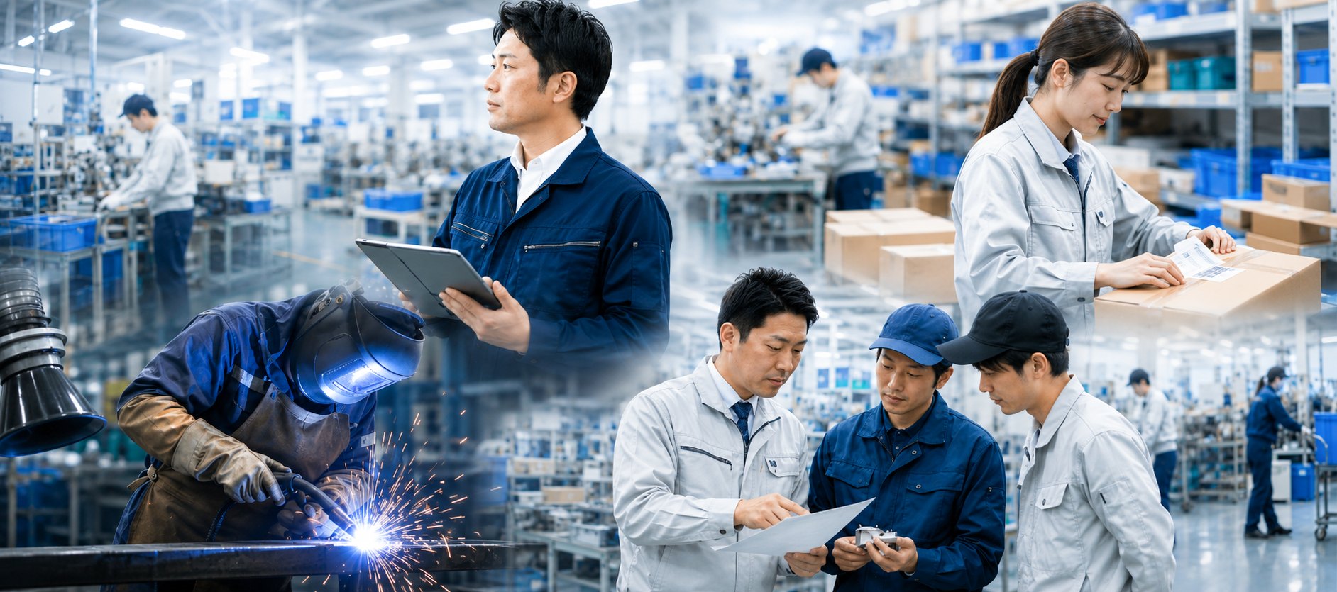 工場や倉庫の中で作業を進めるスタッフ