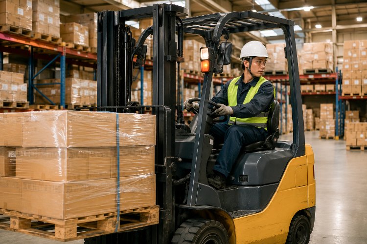 フォークリフトで出荷品を運ぶ様子